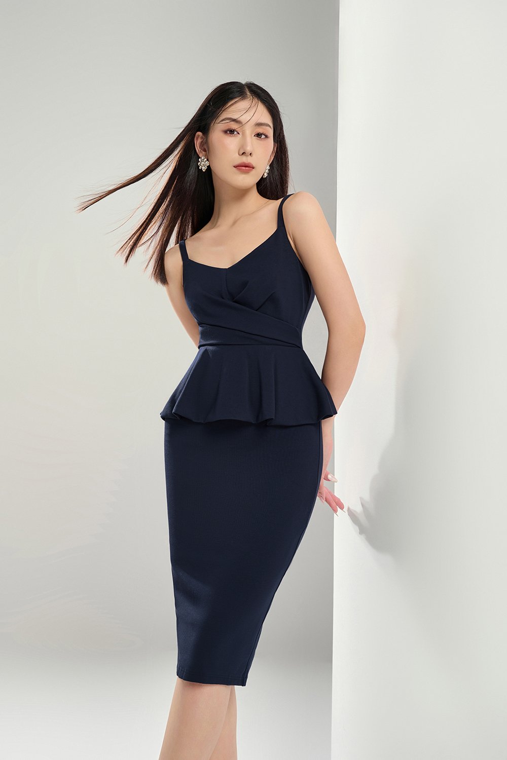 Ines Fitted Peplum Midi Dress in Navy Blue