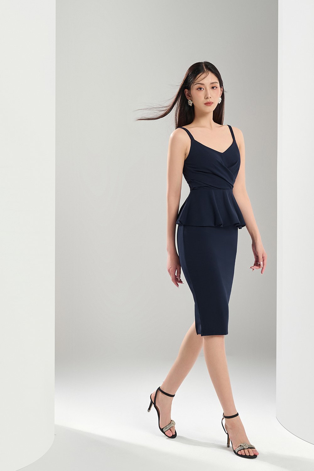 Ines Fitted Peplum Midi Dress in Navy Blue