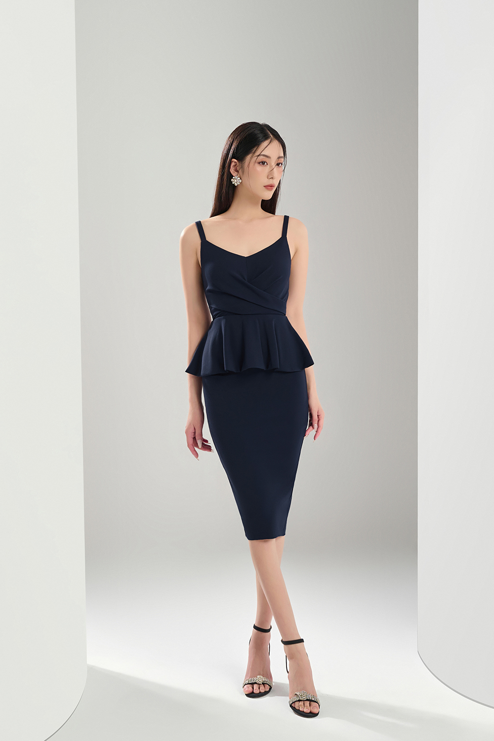 Ines Fitted Peplum Midi Dress in Navy Blue Chello