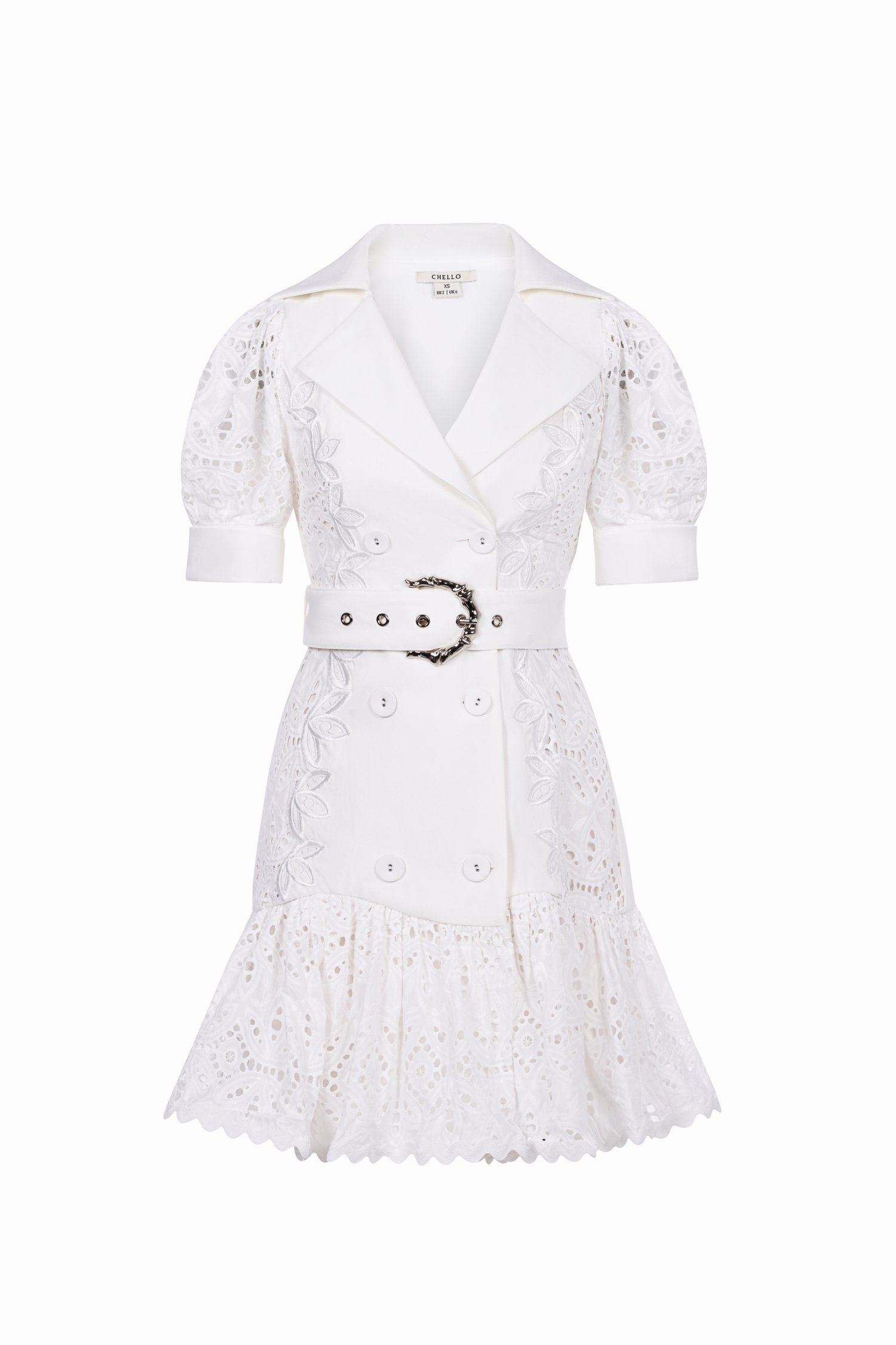 Evora Belted Puff Sleeves Broderie Anglaise Mini Mermaid Dress in Iconic White