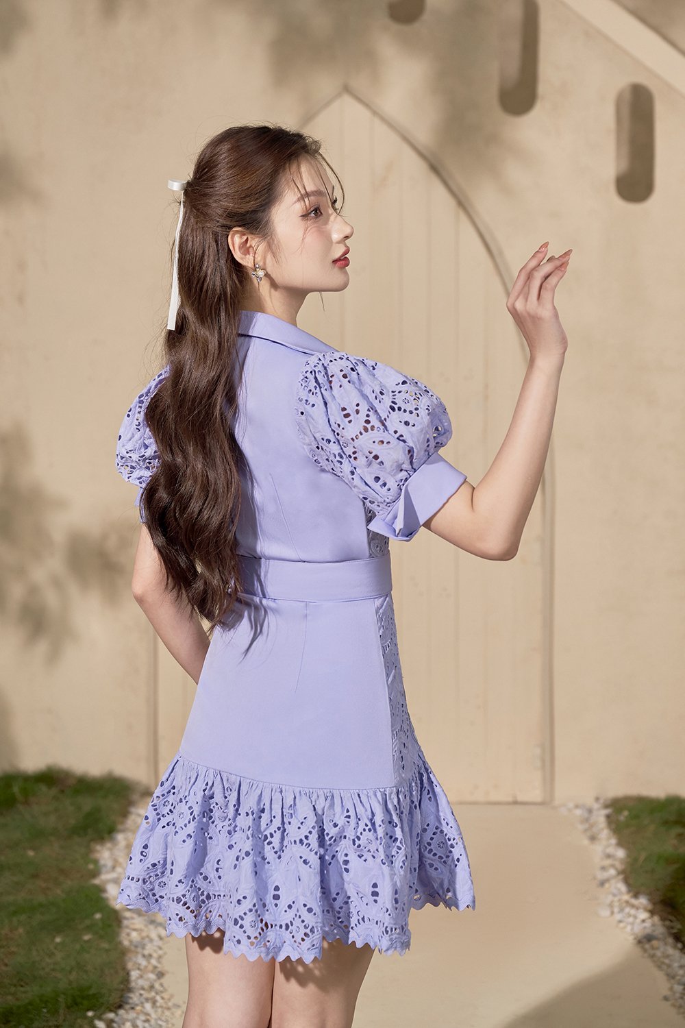 Evora Belted Puff Sleeves Broderie Anglaise Mini Mermaid Dress in Periwinkle Blue