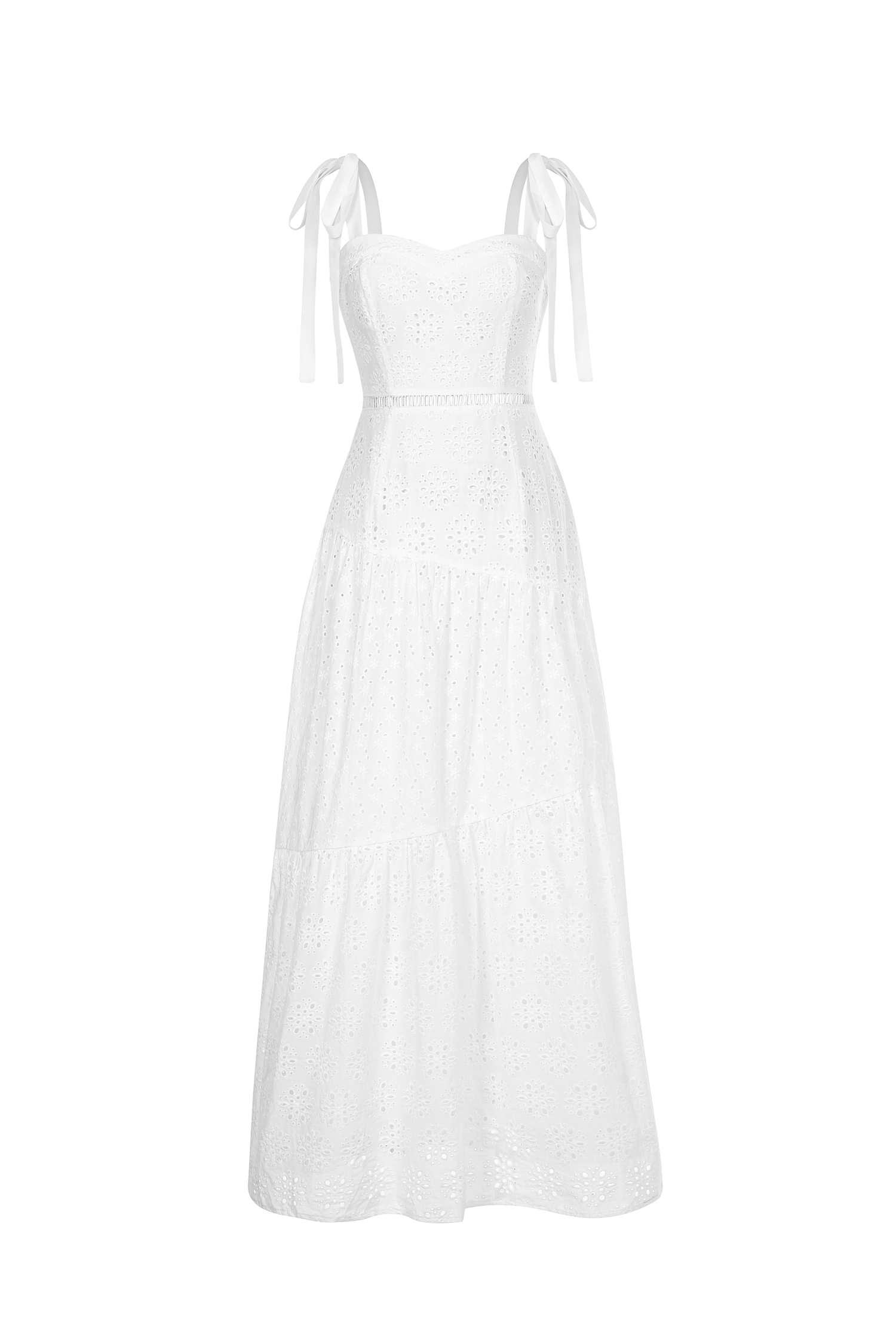 Kirsten Padded Ribbon Maxi Sun Broderie Anglaise Dress in Iconic White