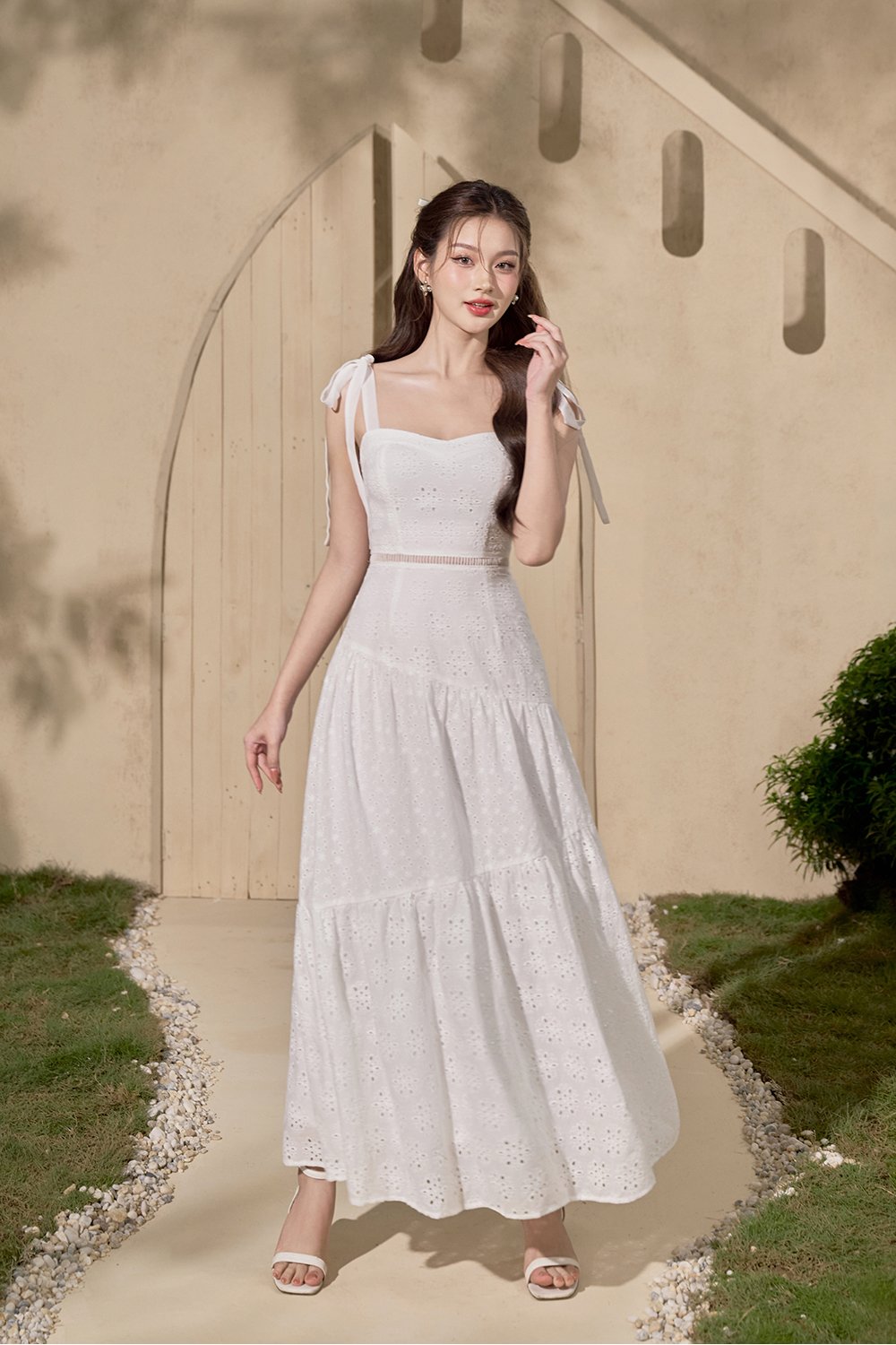 Kirsten Padded Ribbon Maxi Sun Broderie Anglaise Dress in Iconic White