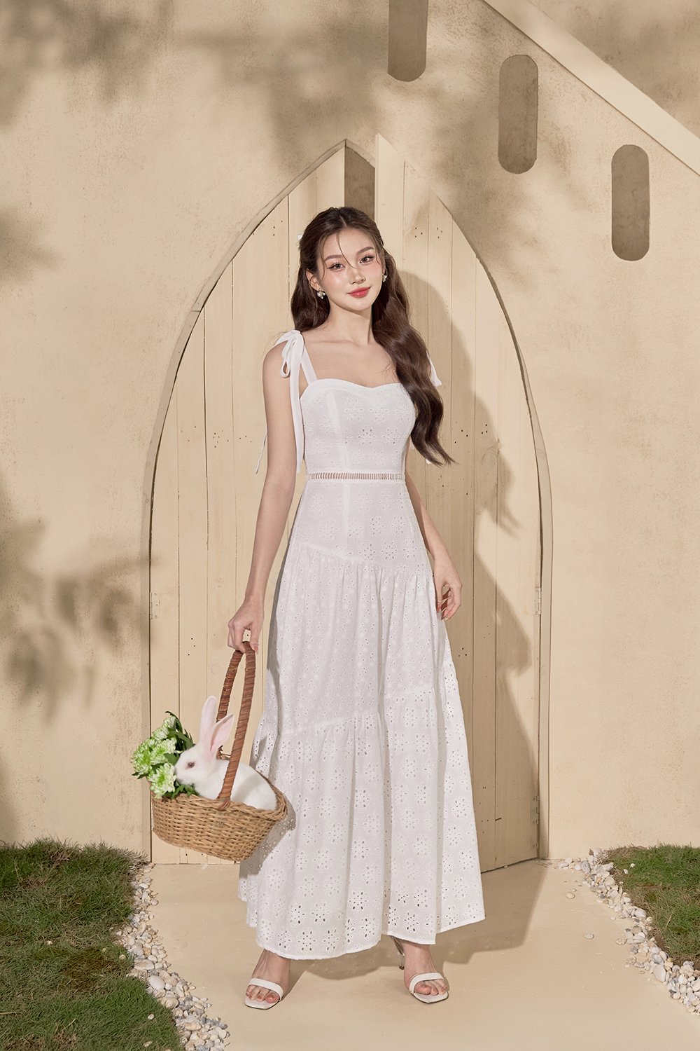 Kirsten Padded Ribbon Maxi Sun Broderie Anglaise Dress in Iconic White