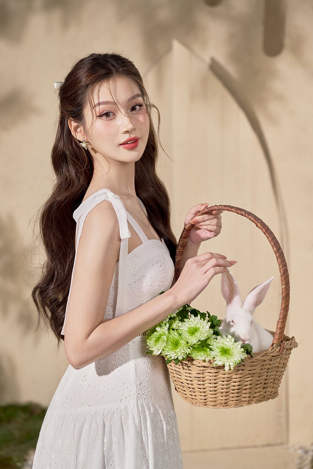 Kirsten Padded Ribbon Maxi Sun Broderie Anglaise Dress in Iconic White