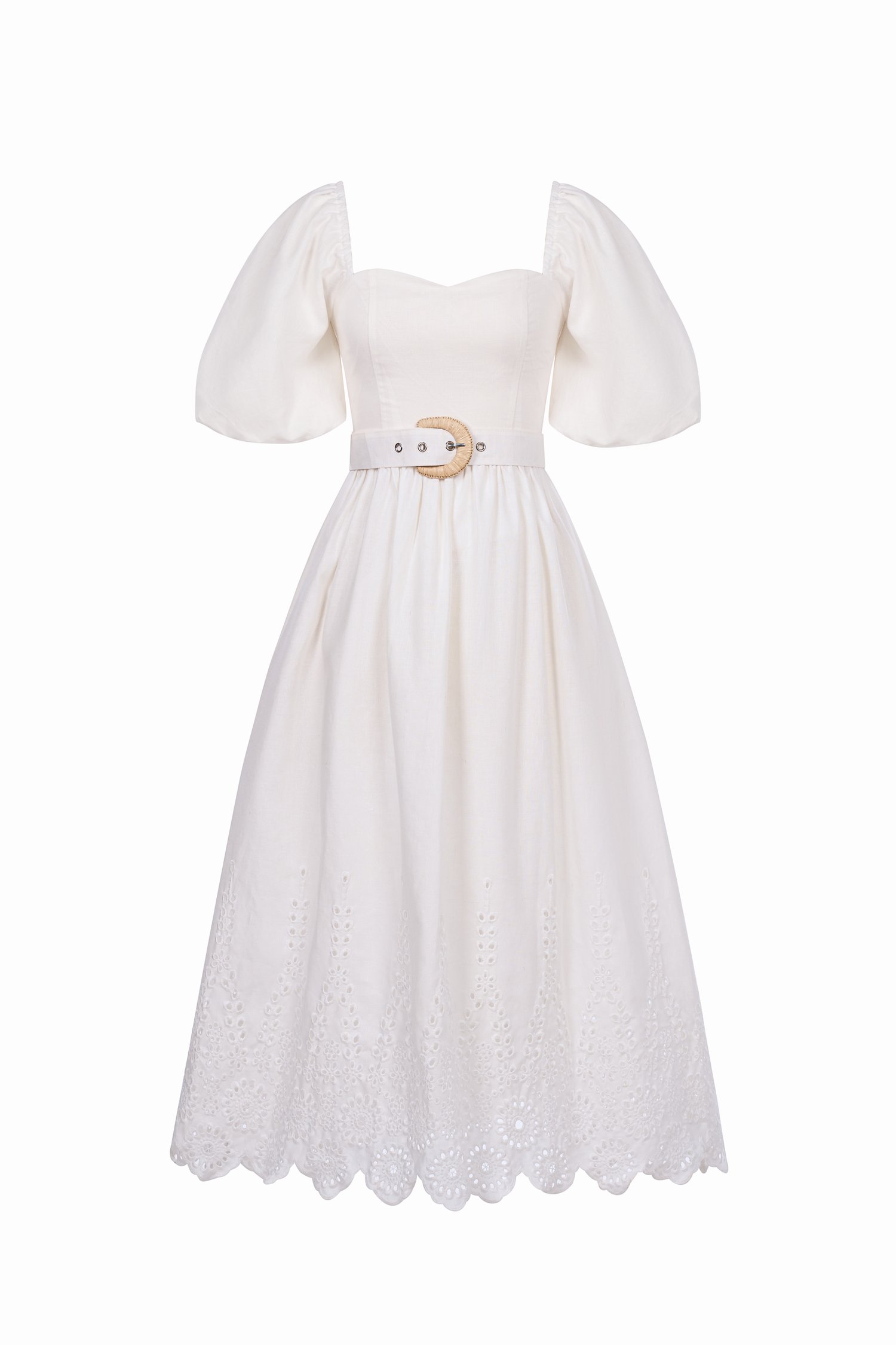 Madison Belted Puff Sleeves Broderie Anglaise Midi Dress in Iconic White