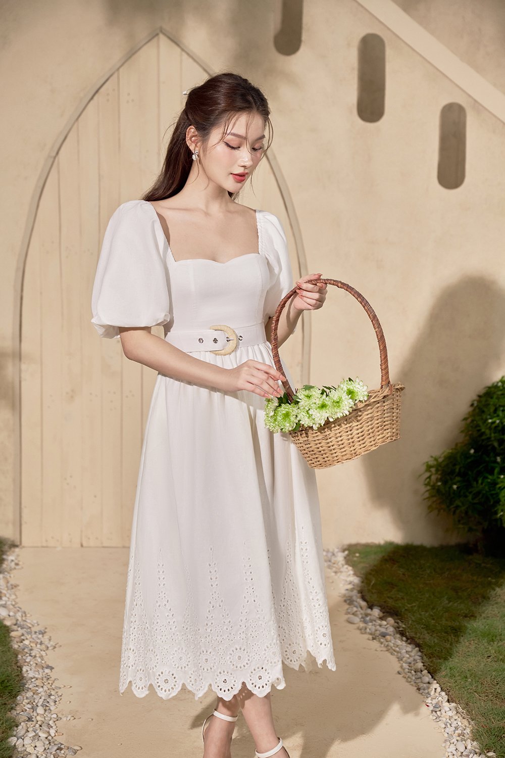 Madison Belted Puff Sleeves Broderie Anglaise Midi Dress in Iconic White