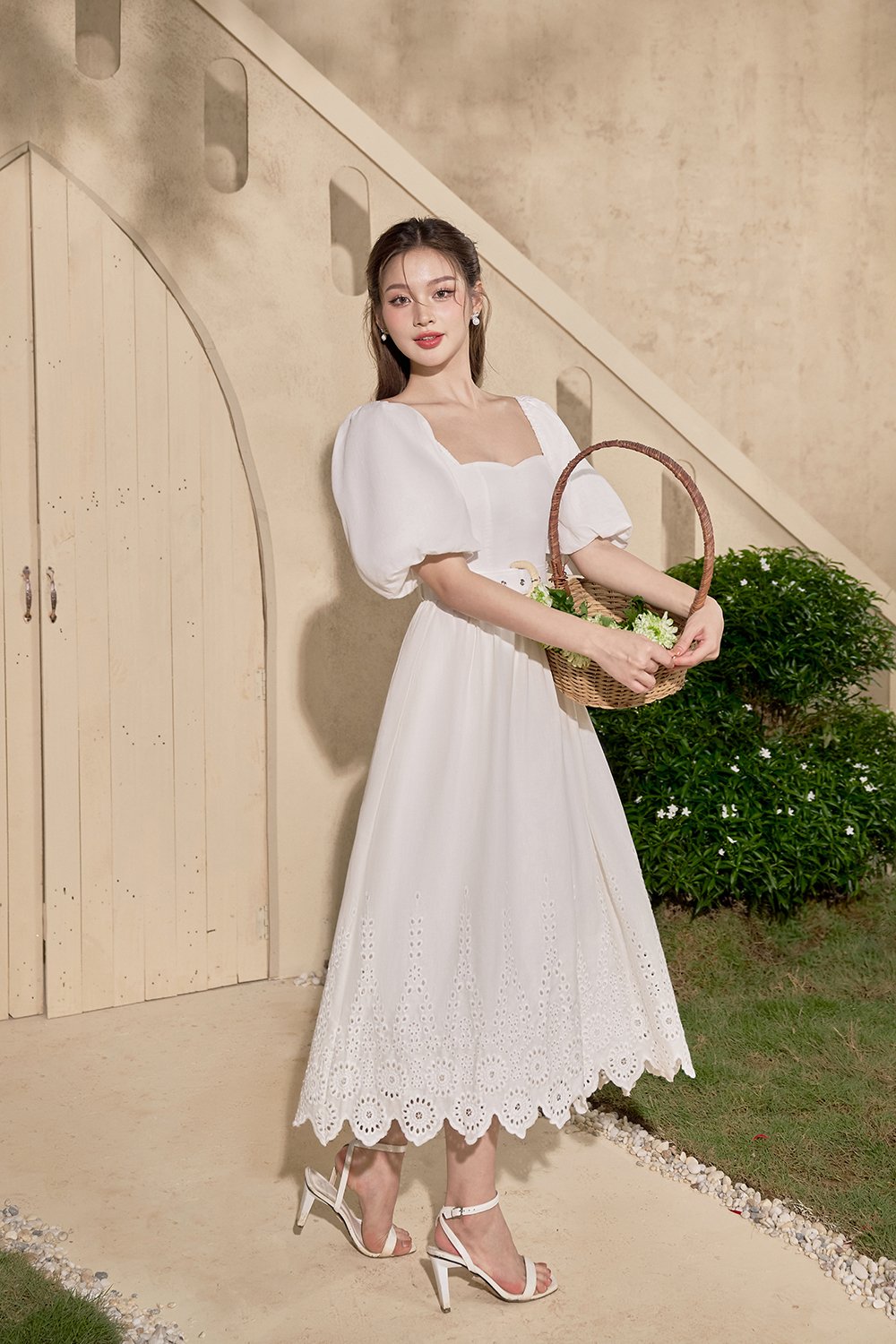 Madison Belted Puff Sleeves Broderie Anglaise Midi Dress in Iconic White