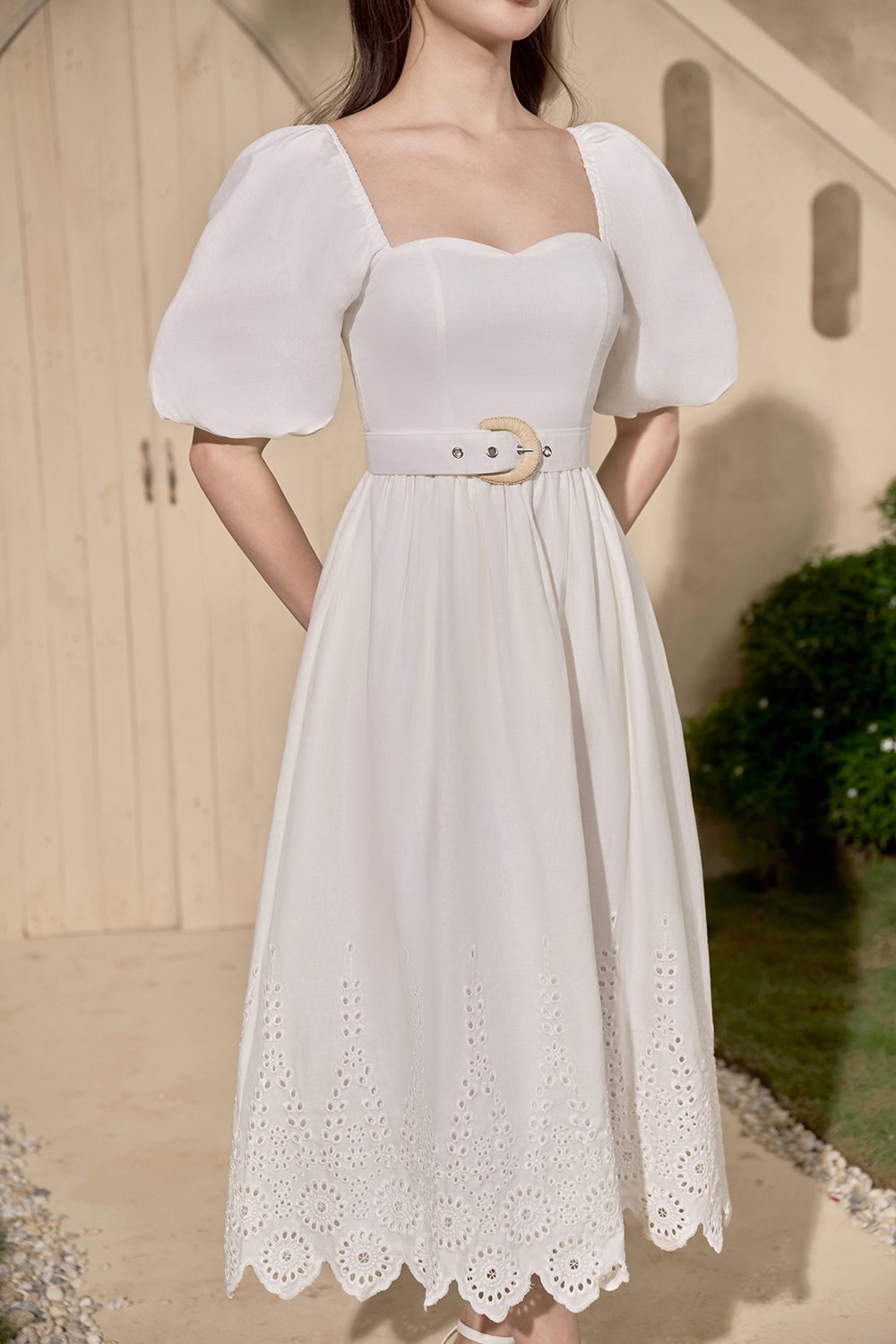 Madison Belted Puff Sleeves Broderie Anglaise Midi Dress in Iconic White