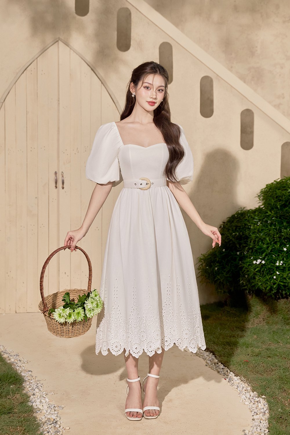Madison Belted Puff Sleeves Broderie Anglaise Midi Dress in Iconic White