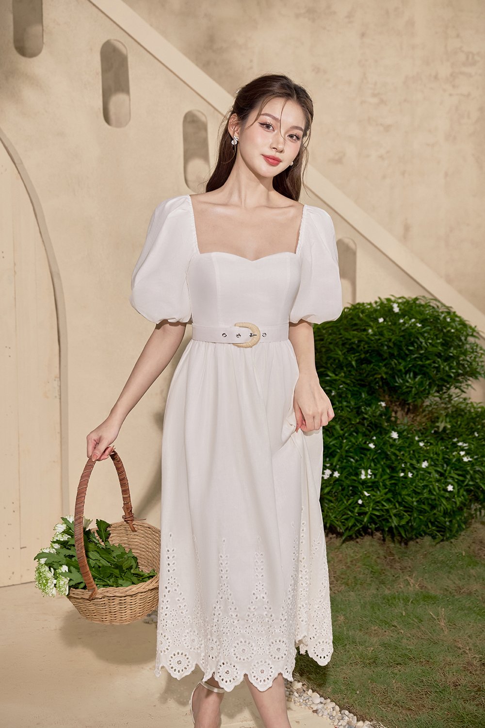 Madison Belted Puff Sleeves Broderie Anglaise Midi Dress in Iconic White