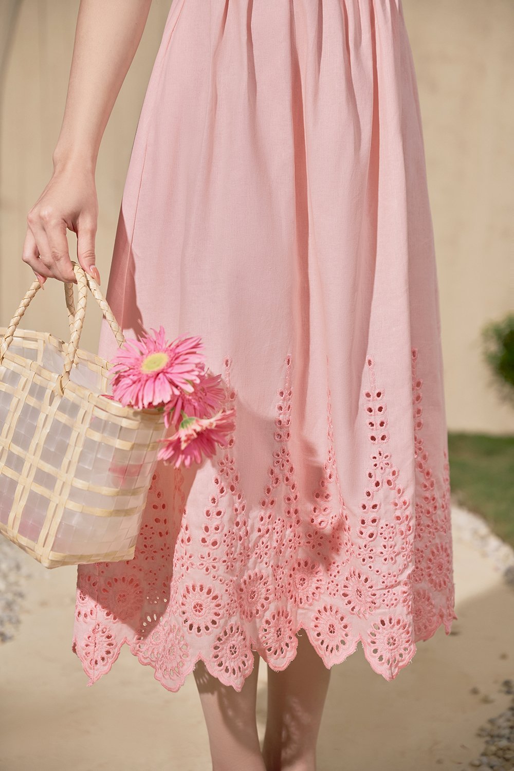 Madison Belted Puff Sleeves Broderie Anglaise Midi Dress in Powder Pink