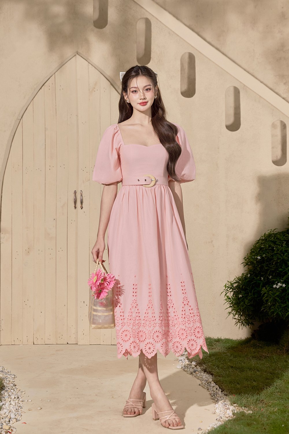 Madison Belted Puff Sleeves Broderie Anglaise Midi Dress in Powder Pink