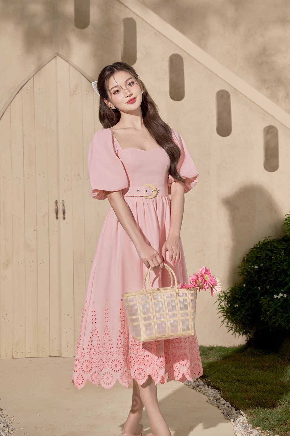 Madison Belted Puff Sleeves Broderie Anglaise Midi Dress in Powder Pink