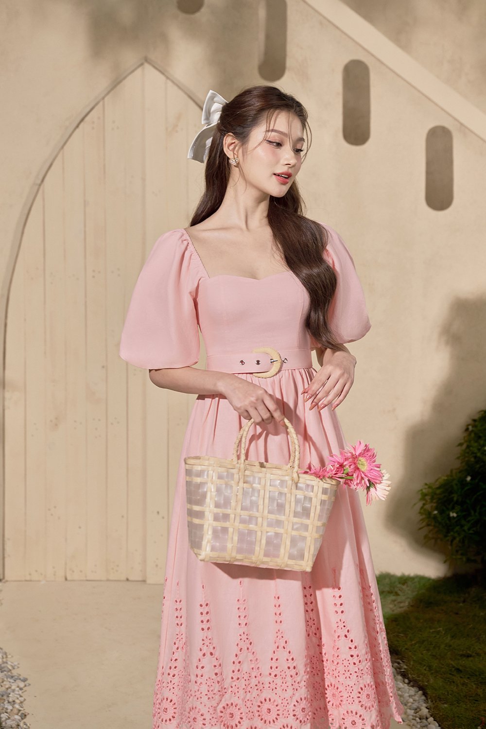 Madison Belted Puff Sleeves Broderie Anglaise Midi Dress in Powder Pink