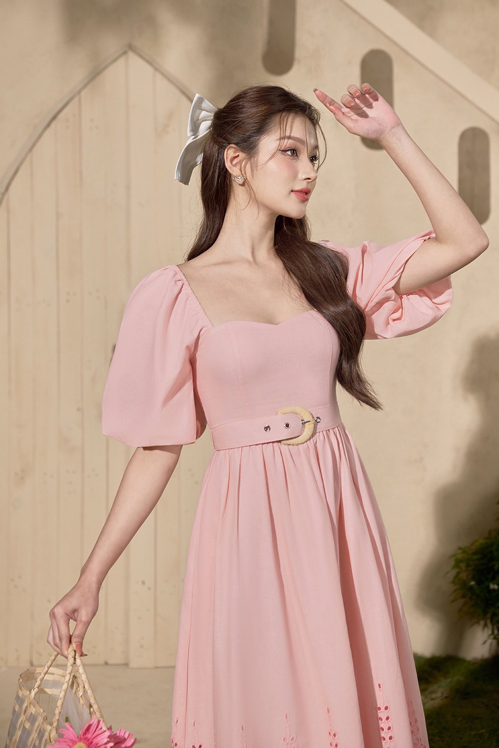 Madison Belted Puff Sleeves Broderie Anglaise Midi Dress in Powder Pink