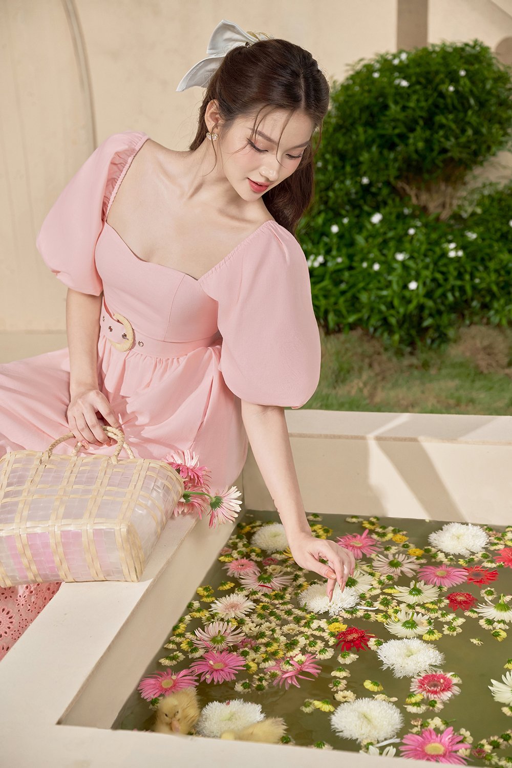 Madison Belted Puff Sleeves Broderie Anglaise Midi Dress in Powder Pink