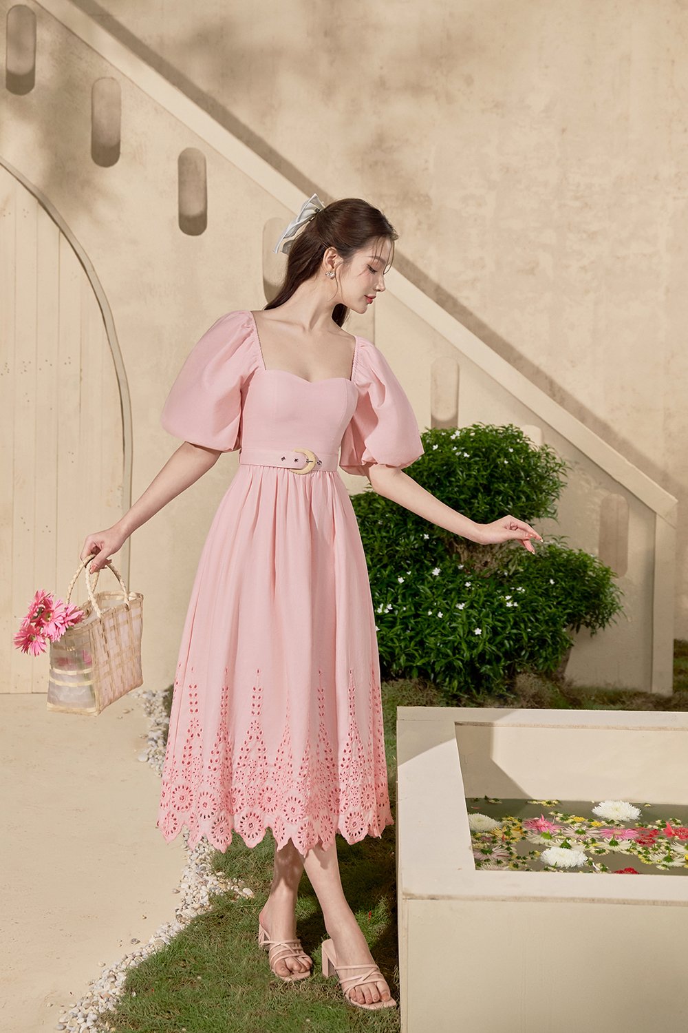 Madison Belted Puff Sleeves Broderie Anglaise Midi Dress in Powder Pink