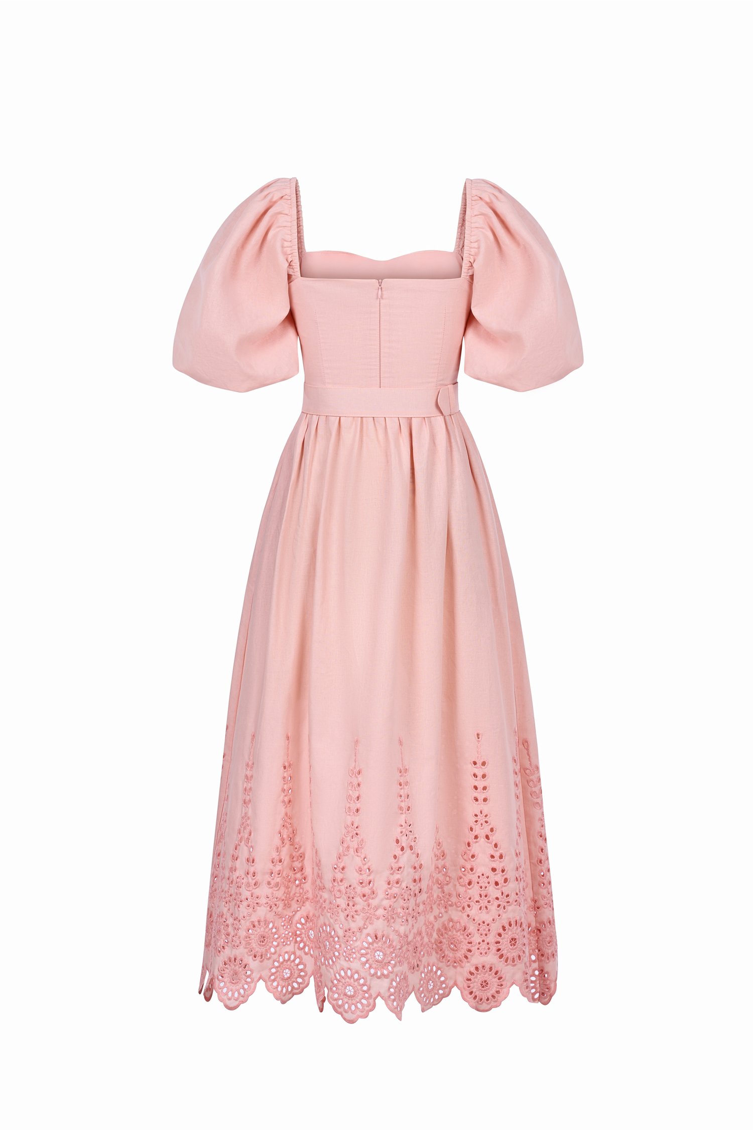 Madison Belted Puff Sleeves Broderie Anglaise Midi Dress in Powder Pink