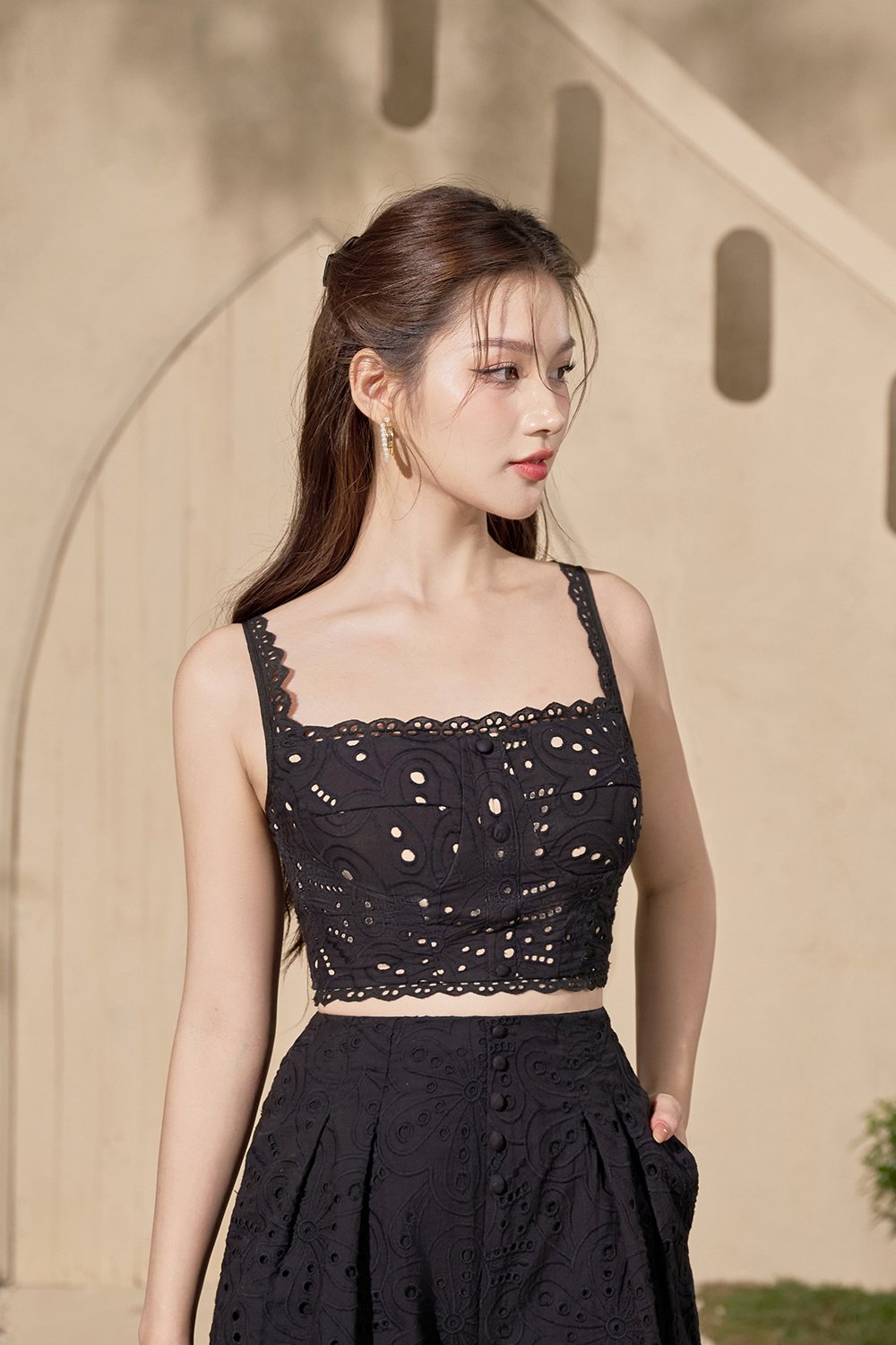 Naiara Padded Bustier Broderie Anglaise Top in Classic Black