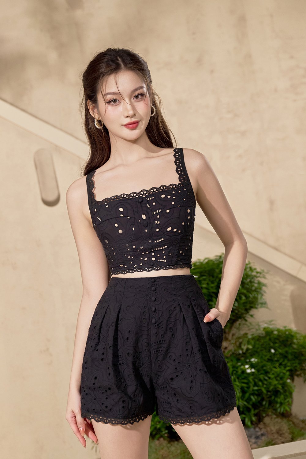 Naiara High Waist Broderie Anglaise Shorts in Classic Black