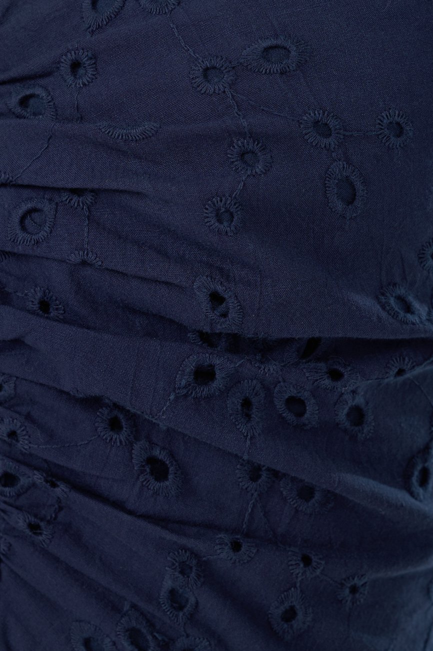 Sioux Ruched Sweetheart Broderie Anglaise Top with Ribbon Straps in Navy Blue