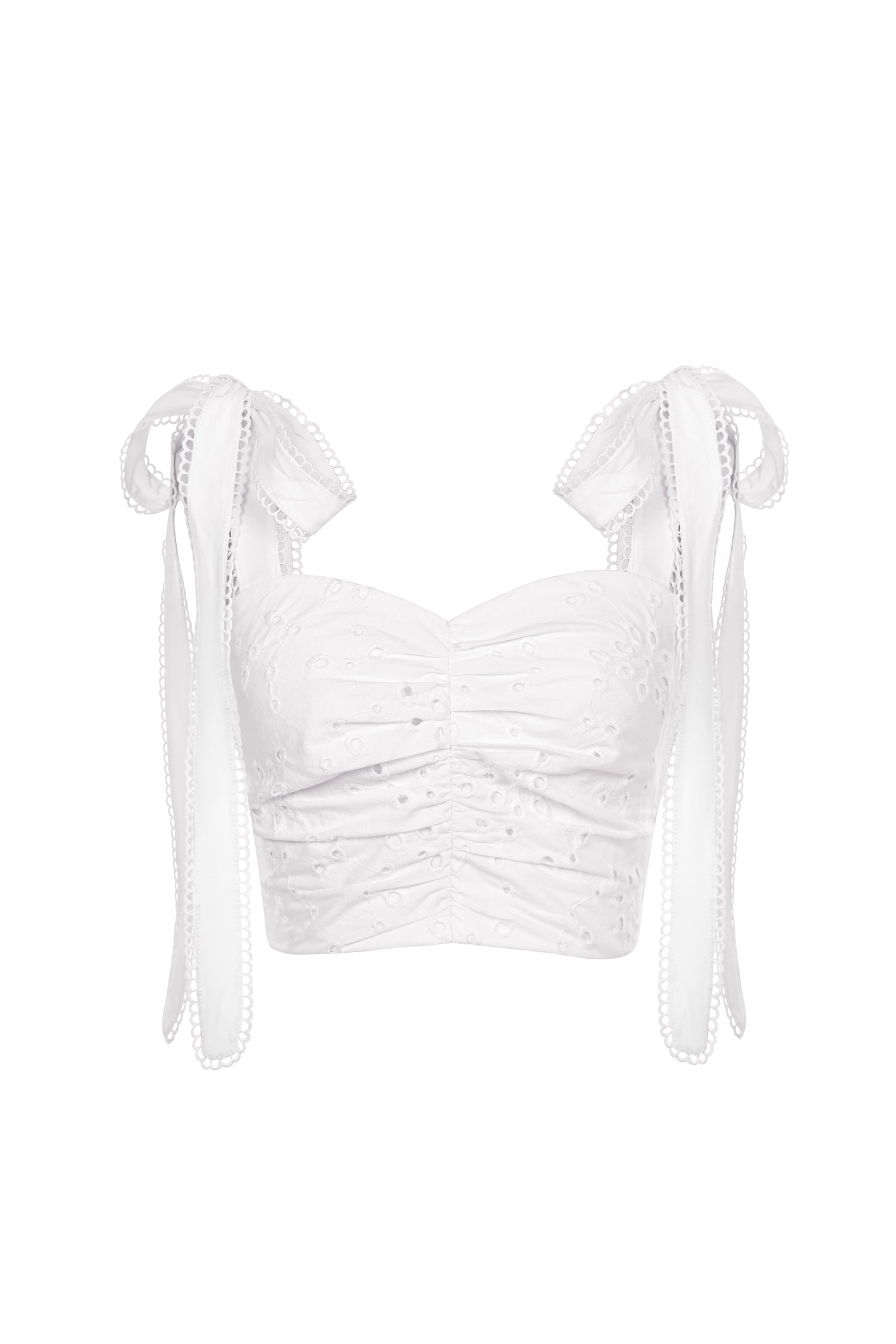 Sioux Ruched Sweetheart Broderie Anglaise Top with Ribbon Straps in Iconic White