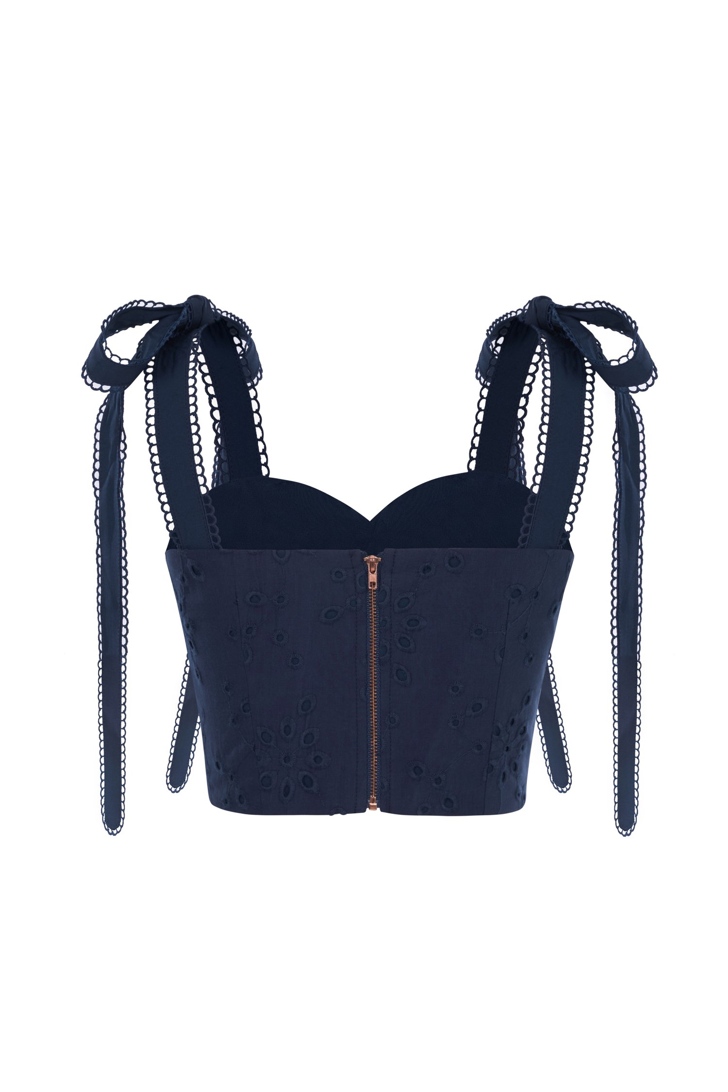 Sioux Ruched Sweetheart Broderie Anglaise Top with Ribbon Straps in Navy Blue