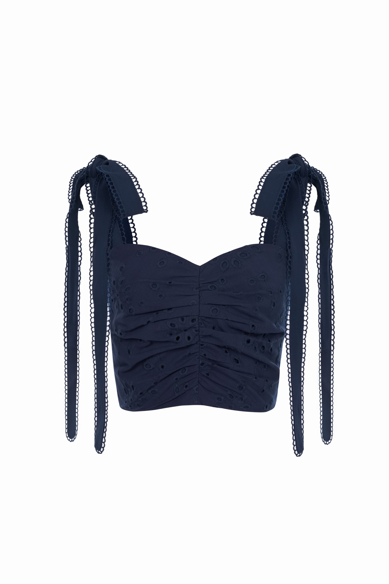 Sioux Ruched Sweetheart Broderie Anglaise Top with Ribbon Straps in Navy Blue