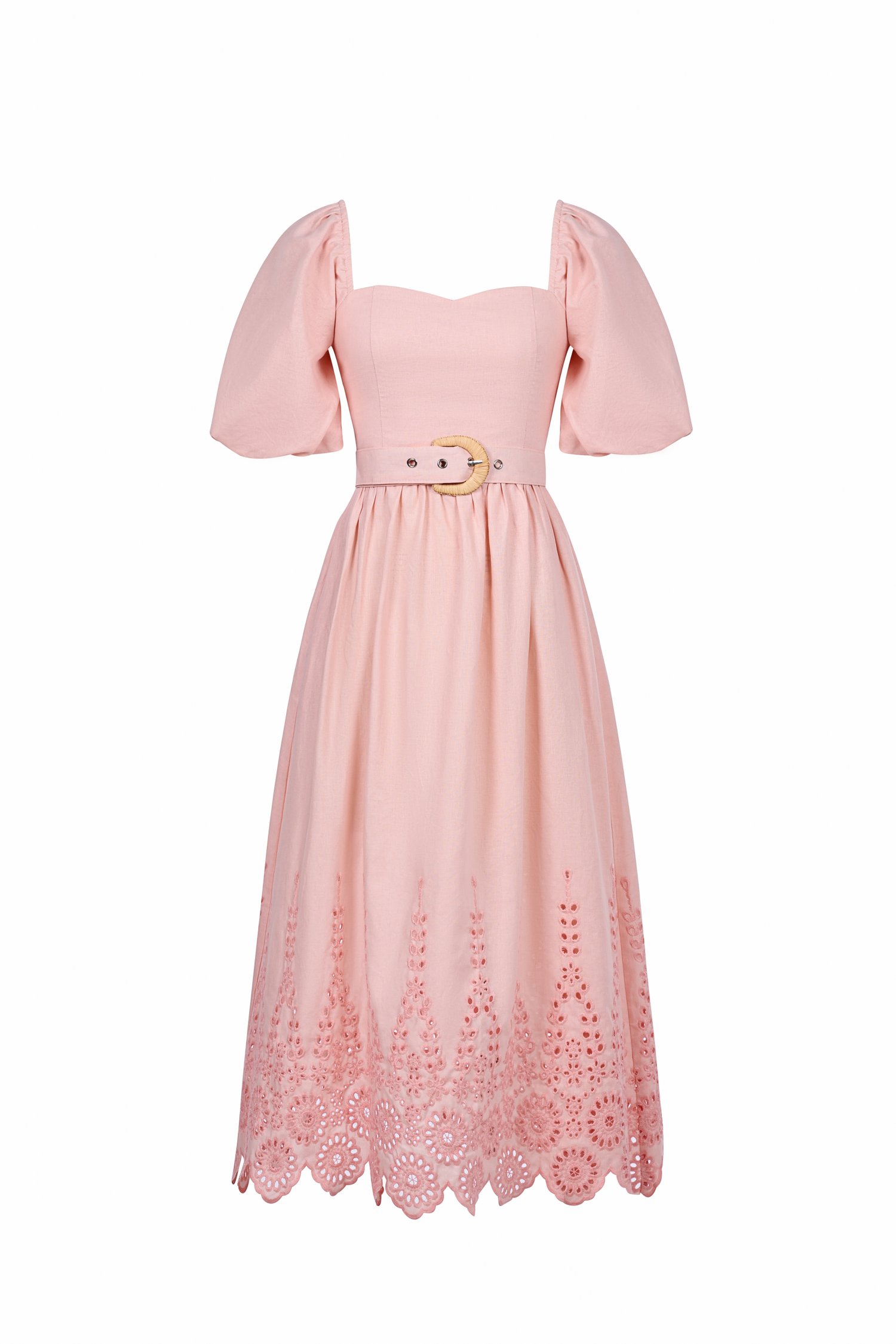 Madison Belted Puff Sleeves Broderie Anglaise Midi Dress in Powder Pink