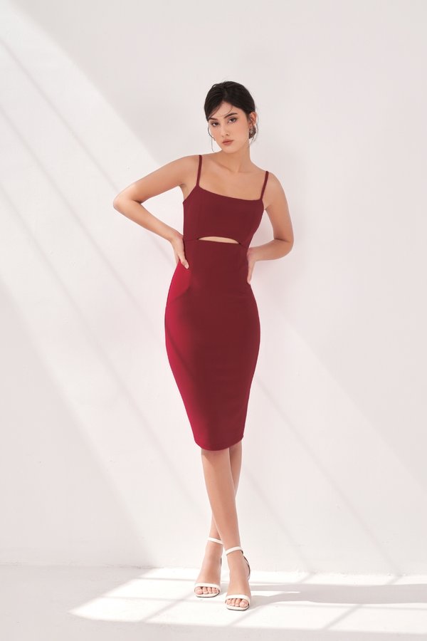 Aura Padded Cut Out Form Fitted Dress in Wine Red