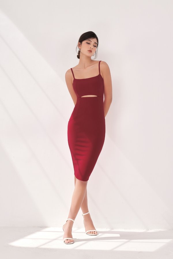 Aura Padded Cut Out Form Fitted Dress in Wine Red