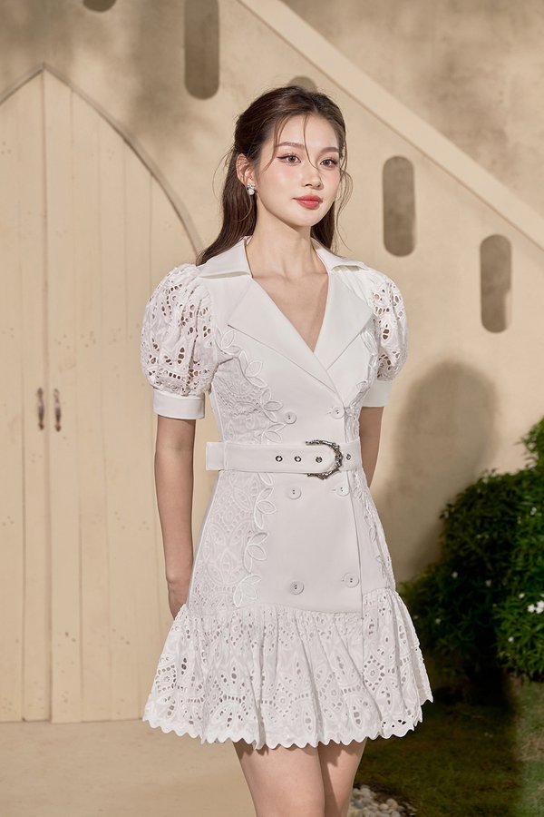 Evora Belted Puff Sleeves Broderie Anglaise Mini Mermaid Dress in Iconic White
