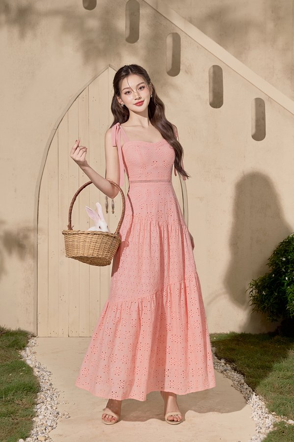 Kirsten Ribbon Maxi Sun Broderie Anglaise Dress in Pink Coral