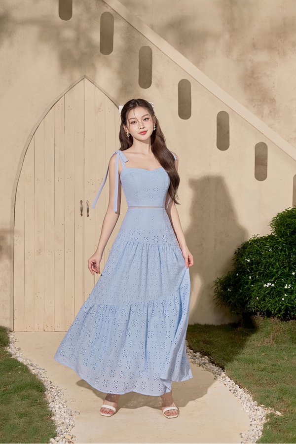 Kirsten Ribbon Maxi Sun Broderie Anglaise Dress in Cornflower Blue