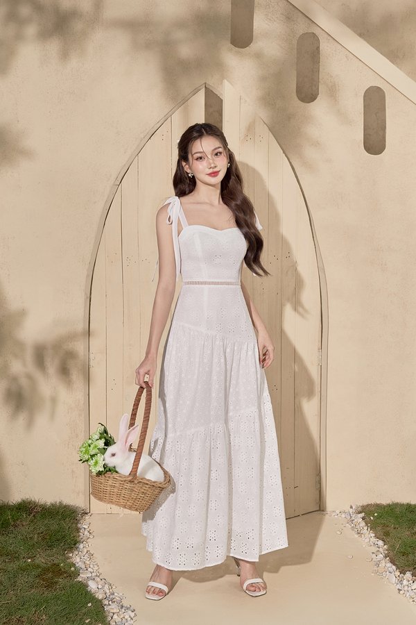 Kirsten Ribbon Maxi Sun Broderie Anglaise Dress in Iconic White