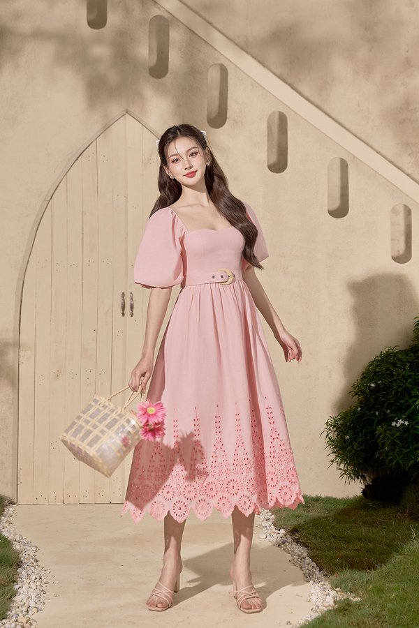 Madison Belted Puff Sleeves Broderie Anglaise Midi Dress in Powder Pink