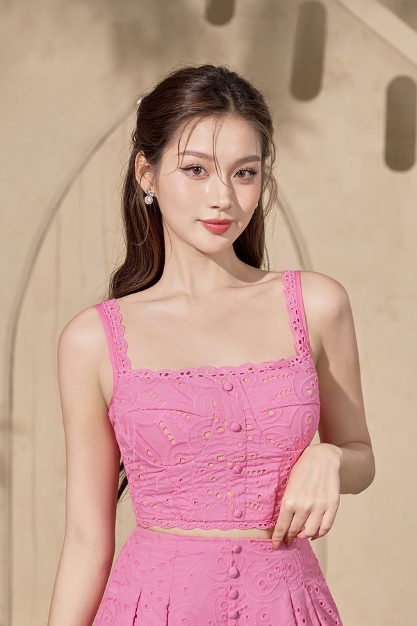 Naiara Padded Bustier Broderie Anglaise Top in Carnation Pink