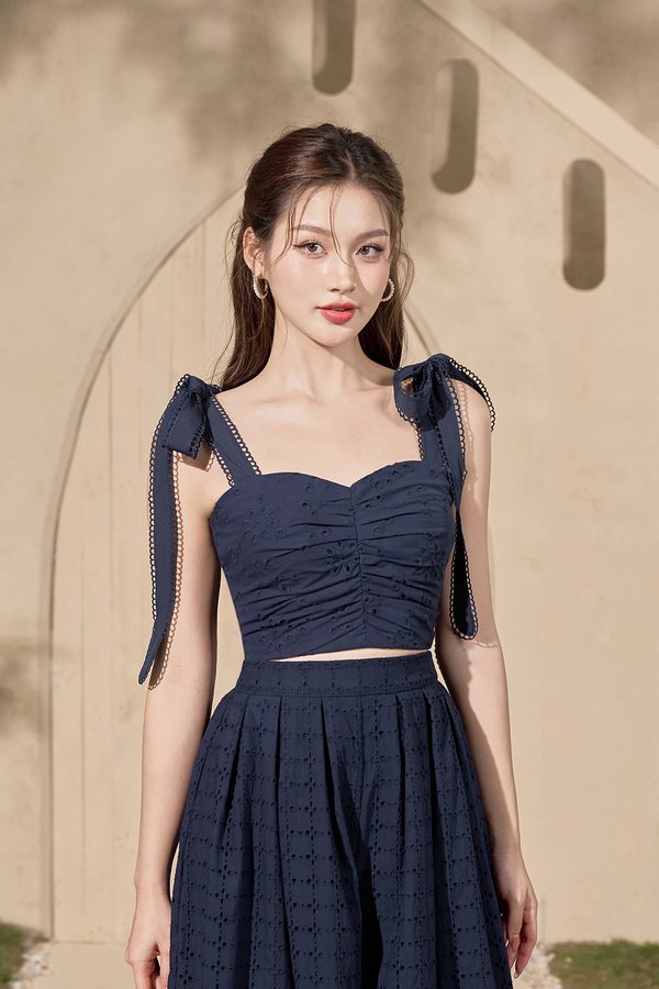 Sioux Ruched Sweetheart Broderie Anglaise Top with Ribbon Straps in Navy Blue