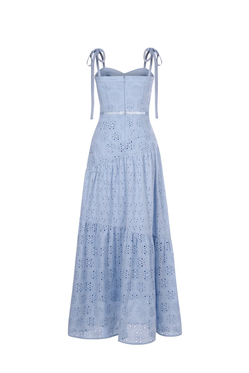 Kirsten Ribbon Maxi Sun Broderie Anglaise Dress in Cornflower Blue | Chello