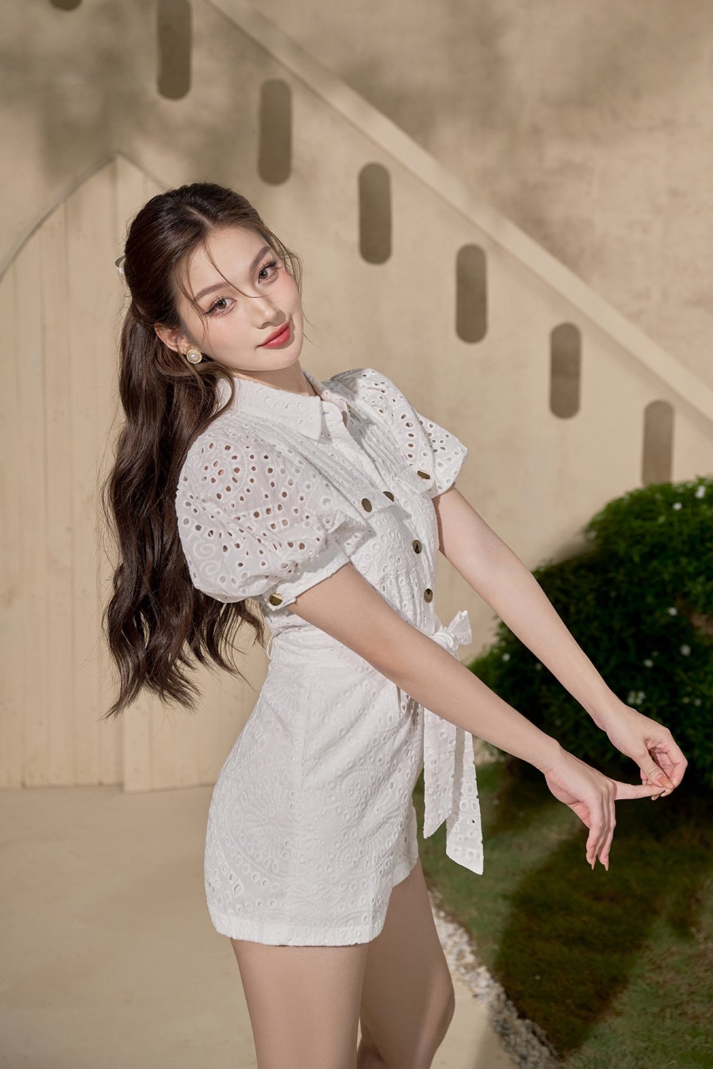 Aspen Puff Sleeves Broderie Anglaise Romper in Iconic White