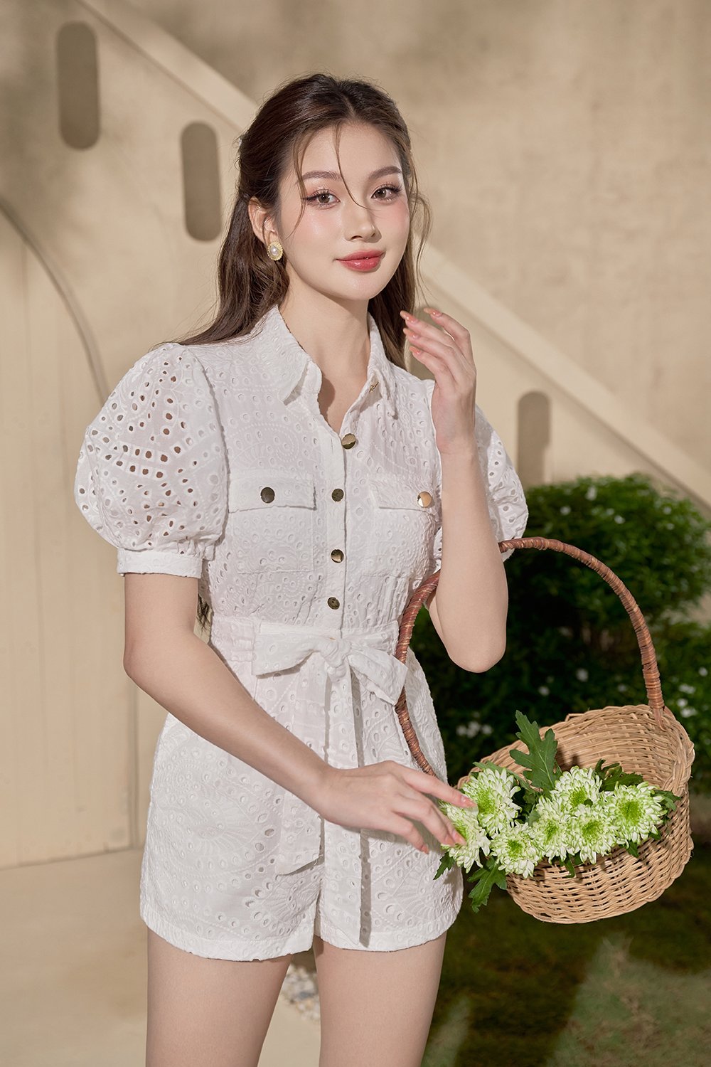 Aspen Puff Sleeves Broderie Anglaise Romper in Iconic White