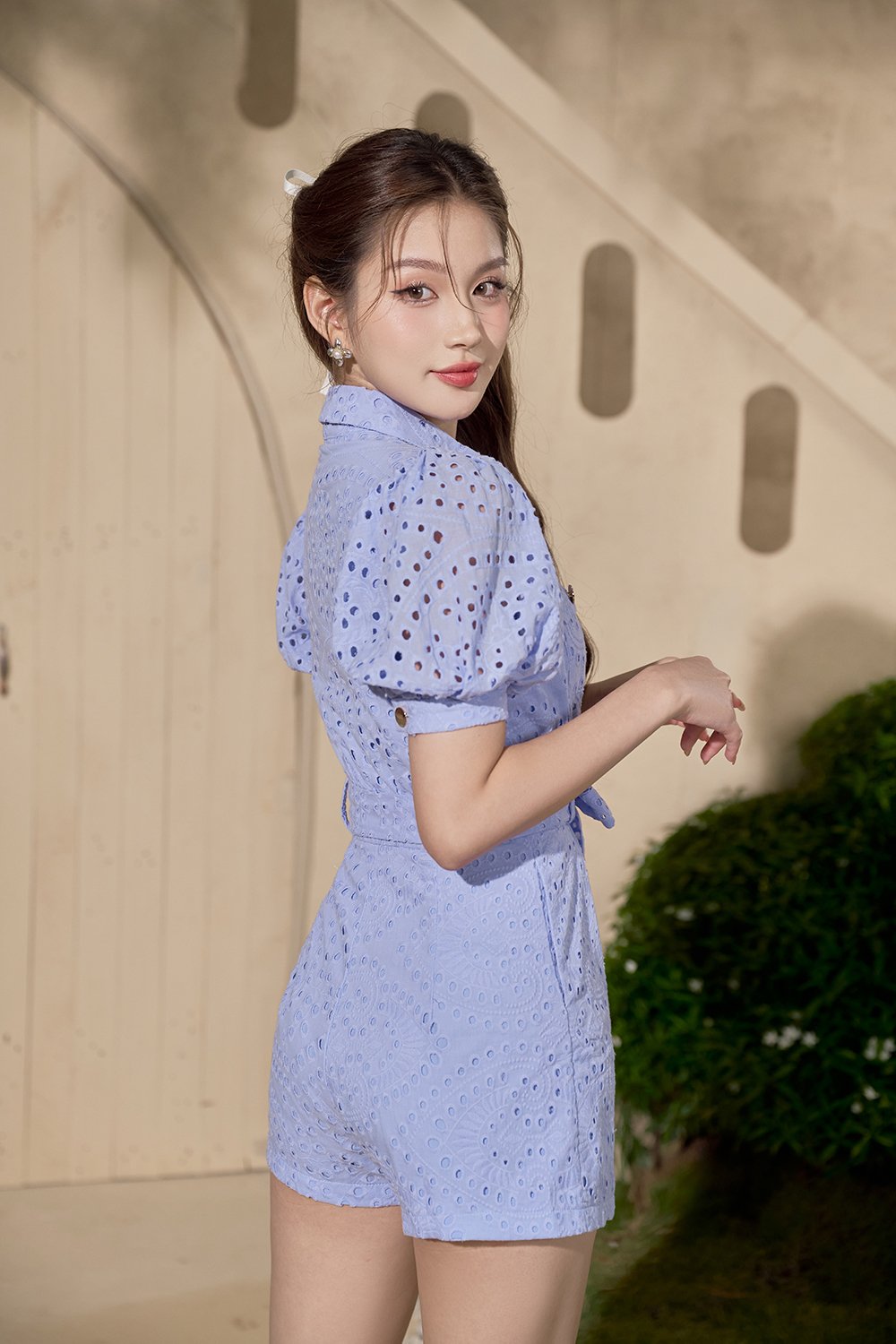 Aspen Puff Sleeves Broderie Anglaise Romper in Periwinkle Blue
