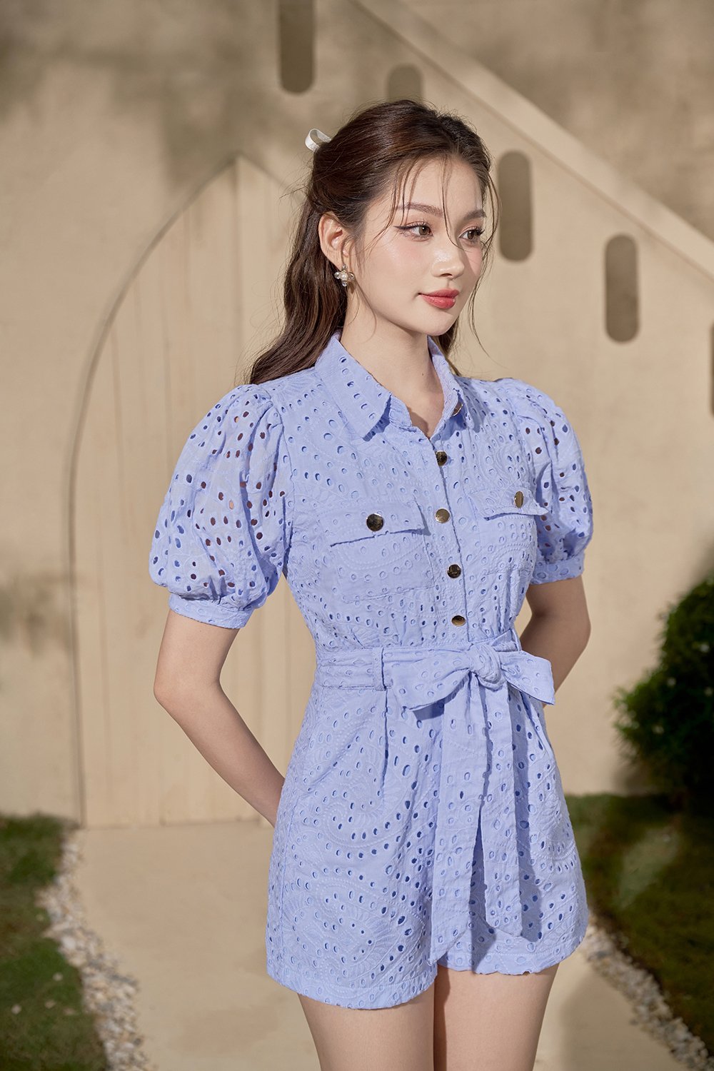 Aspen Puff Sleeves Broderie Anglaise Romper in Periwinkle Blue