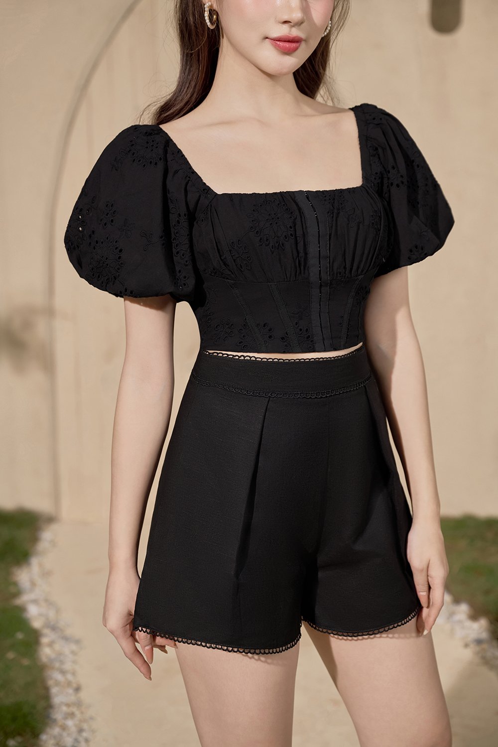 Bardou Puff Sleeves Hook & Eye Broderie Anglaise Top in Classic Black