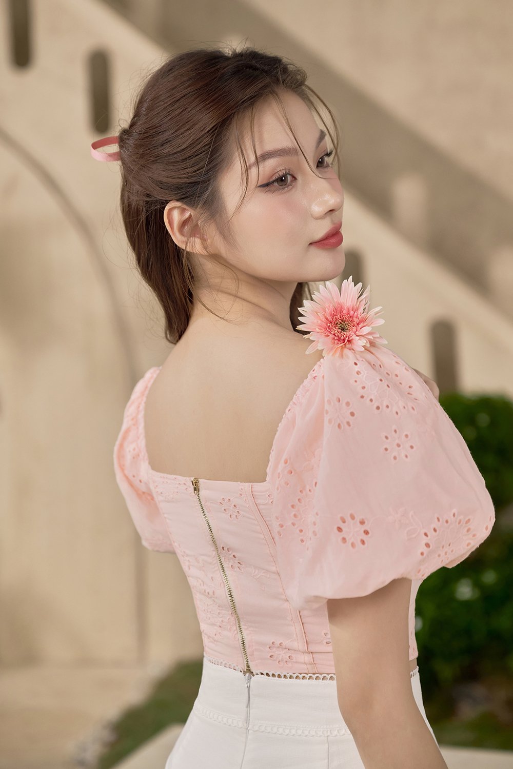 Bardou Puff Sleeves Hook & Eye Broderie Anglaise Top in Light Peach