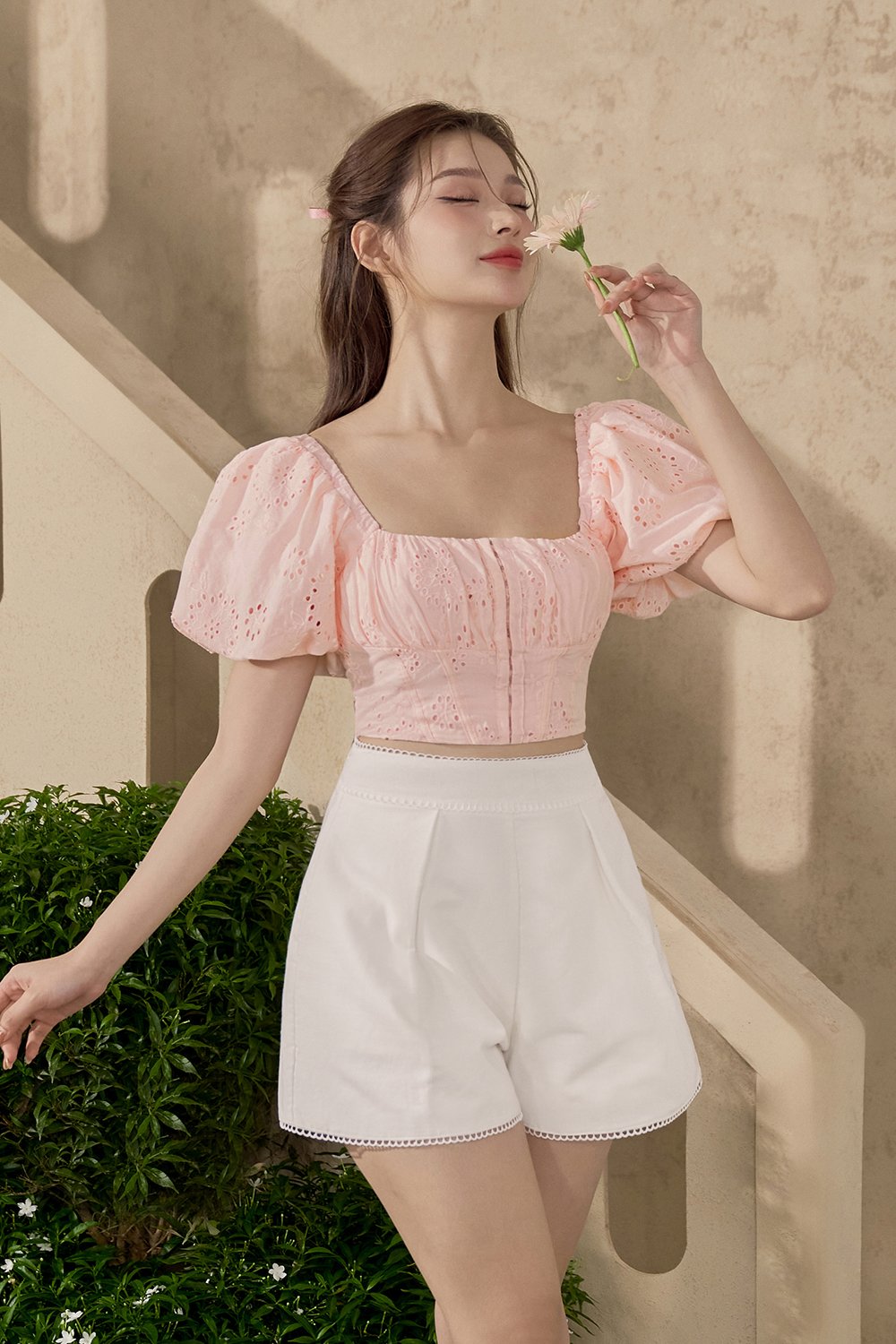 Bardou Puff Sleeves Hook & Eye Broderie Anglaise Top in Light Peach