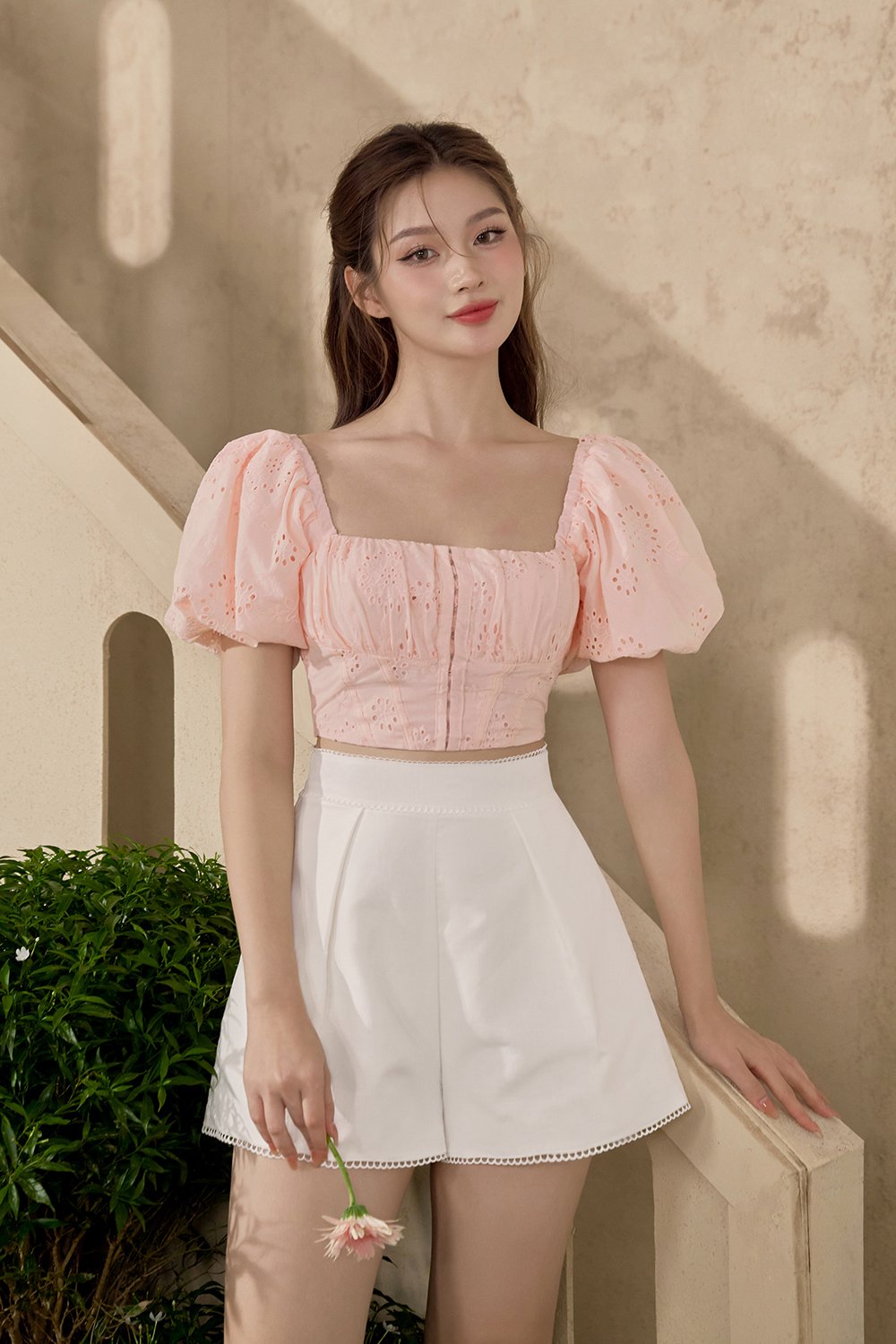 Bardou Puff Sleeves Hook & Eye Broderie Anglaise Top in Light Peach