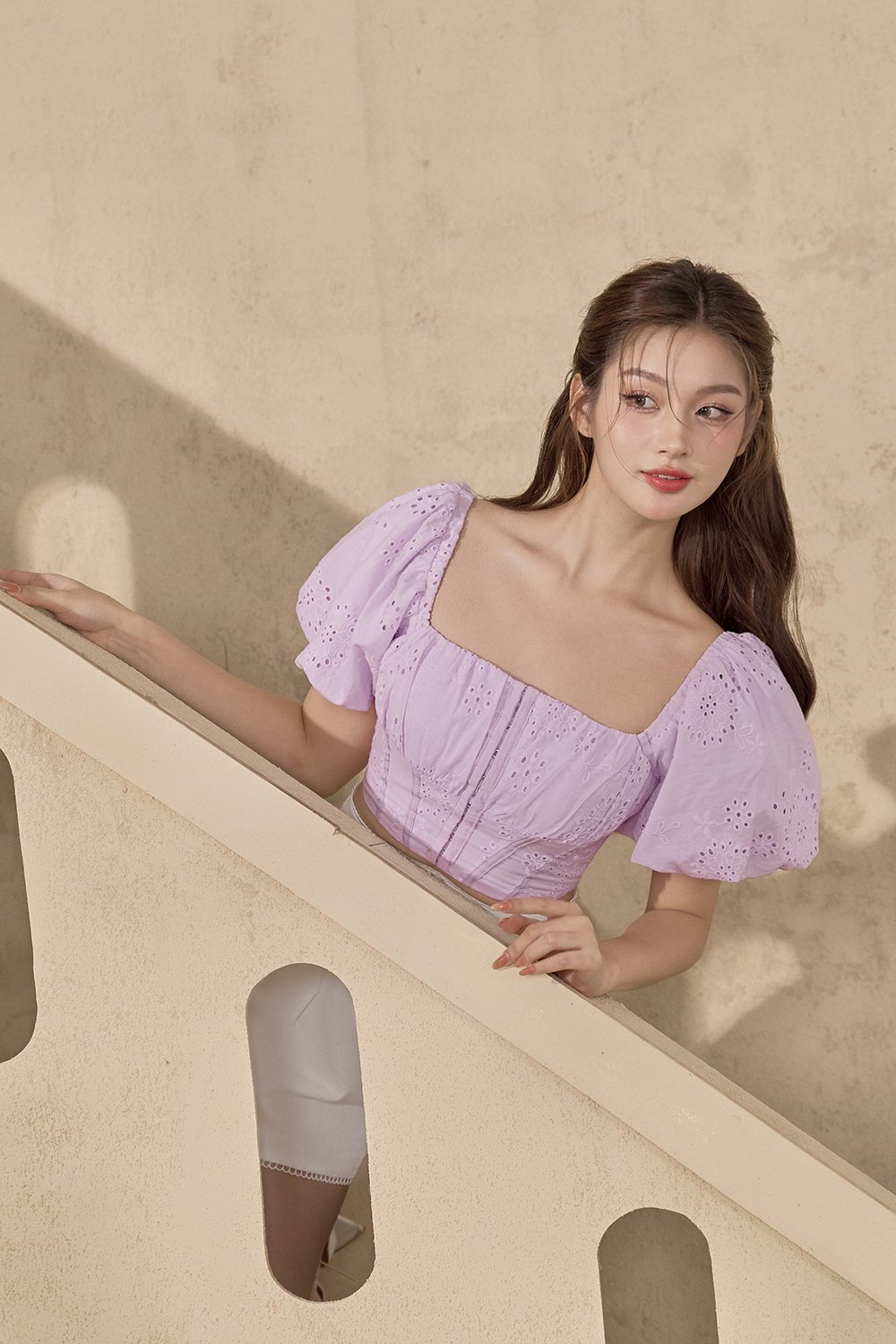Bardou Puff Sleeves Hook & Eye Broderie Anglaise Top in Soft Lilac