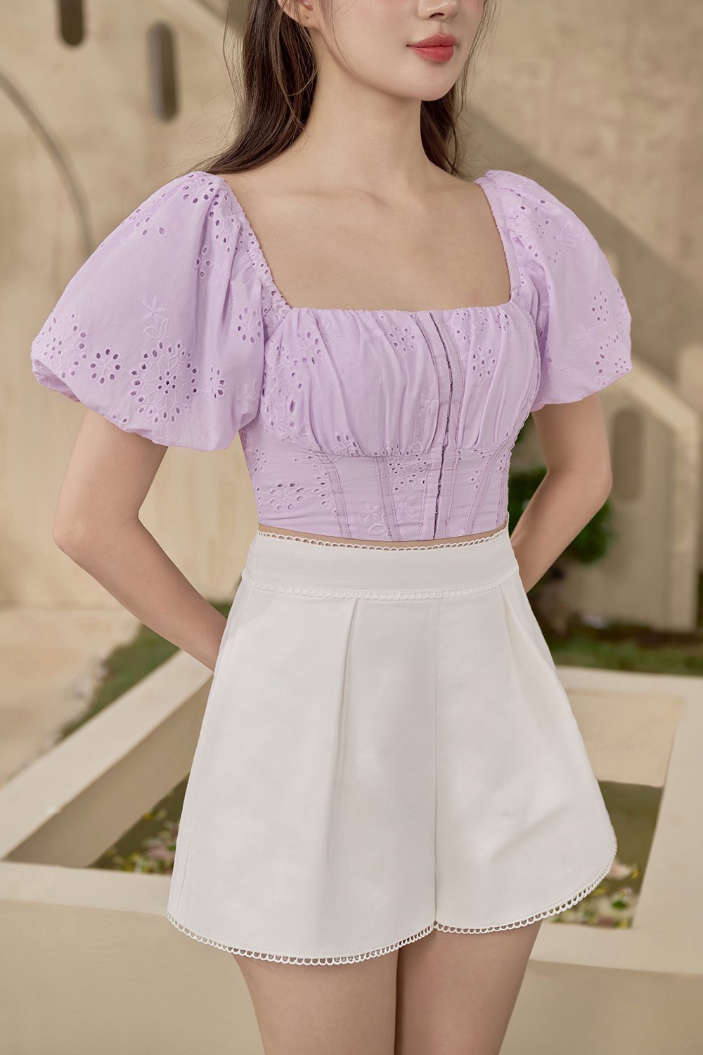 Bardou Puff Sleeves Hook & Eye Broderie Anglaise Top in Soft Lilac